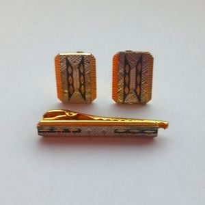 VINTAGE DECO Rhombus Pattern Tie Clip & Cufflinks